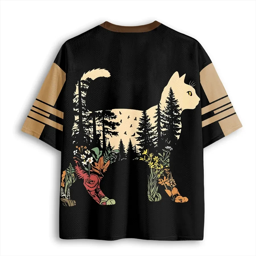 Popular V‑Neck Mesh Sports Jersey Forest Cat Nature Wildlife Boho Art Floral Animal Outdoor Vintage Graphic Short Sleeve Tops
