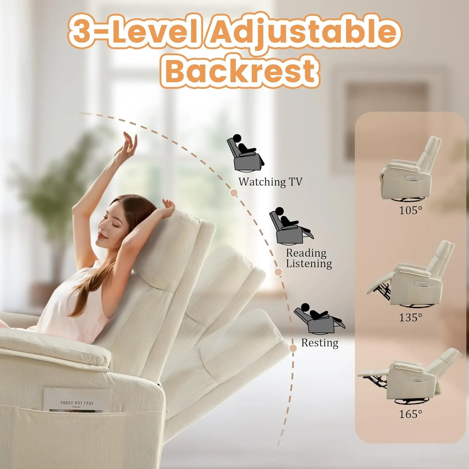 Mecedora reclinable giratoria, silla planeadora para adultos, reposabrazos modernos, chenilla beige, uso pequeño para guardería y sala de estar