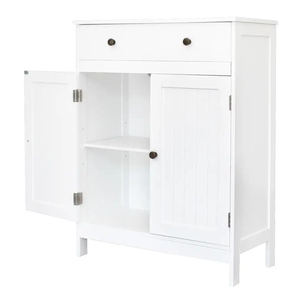 White Wooden 2-Door Bathroom Cabinet Storage Organizer with 2 Shelves& 1 Drawer Free Standing