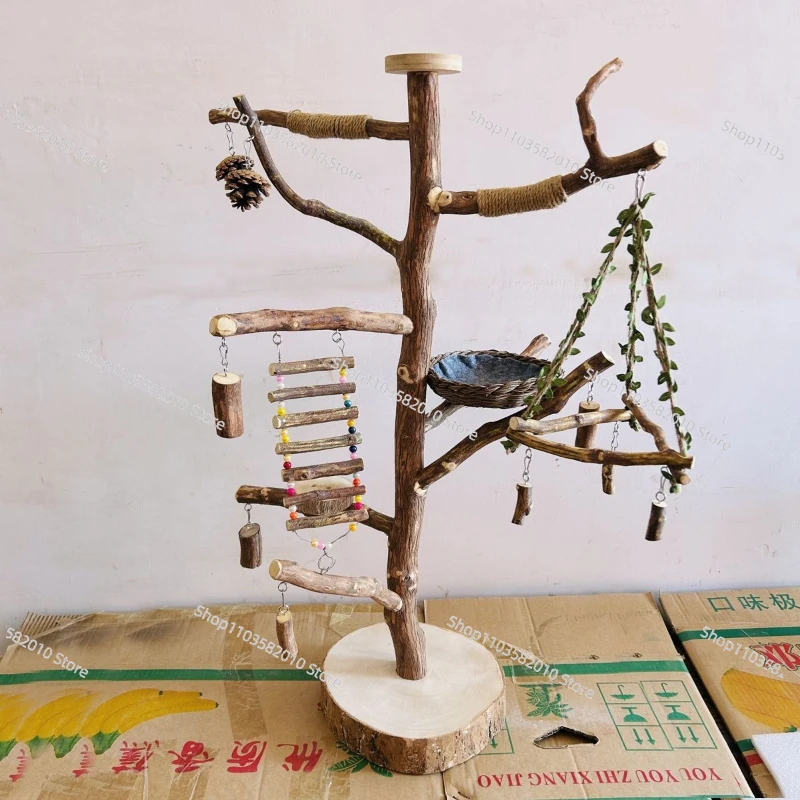 Wood Desktop Bird Rod Stand with Swing, Branch Rack for Parrot Budgie Cockatiel, Hanger with Nest Home Birds Cage Supplies