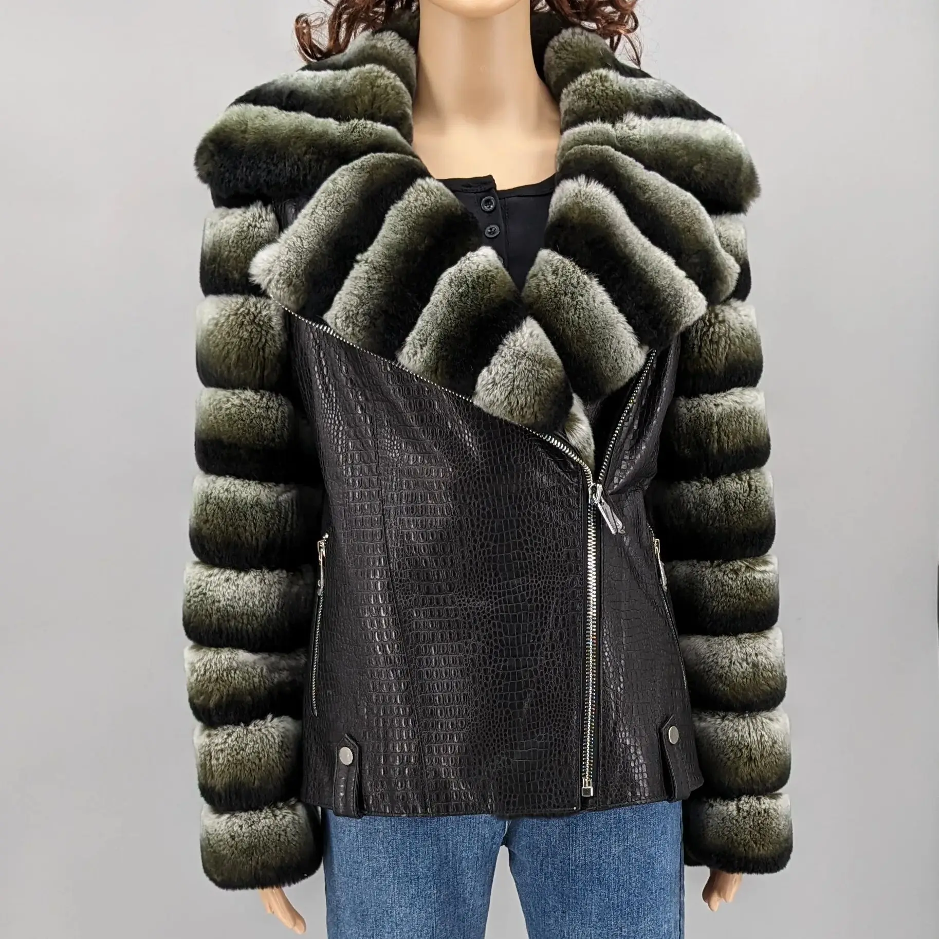 겨울용 리얼 렉스 토끼털 칼라와 소매가 있는 천연 양가죽 재킷 (탈부착 가능한 소매 포함) 250201