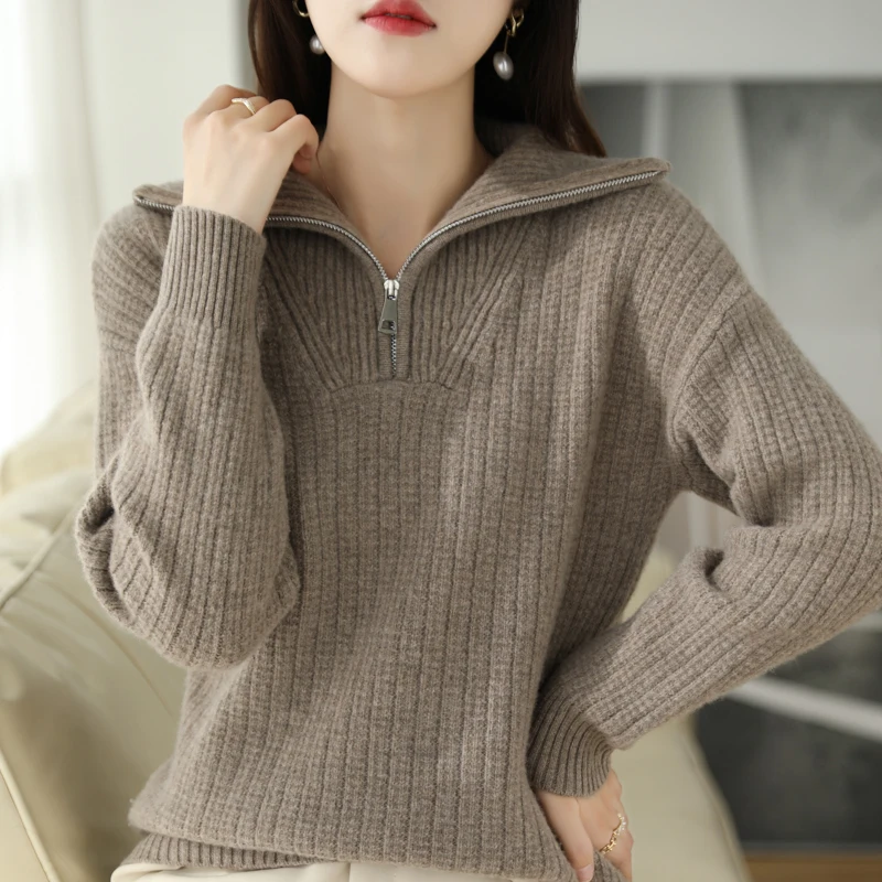 Women's 100% Merino Wool Long Sleeve Pullover Sweater Stand Lapel Collar Thick Vertical Rib Texture Knit Autumn Winter Knitwear