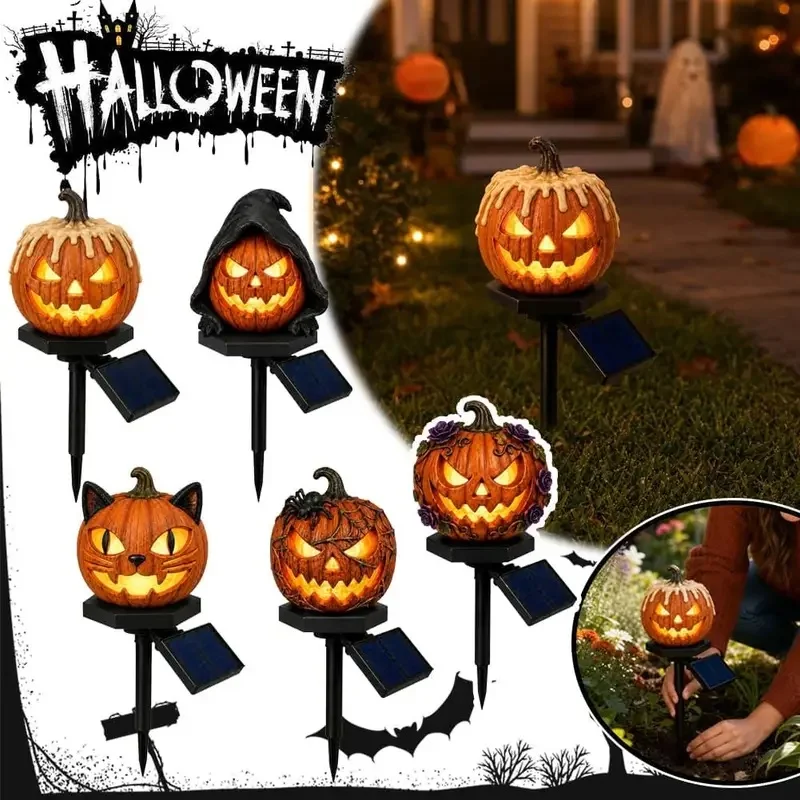 Halloween Metal Pumpkin Stake Decor LED Warm Pumpkin Solar Garden Stake Light, Outdoor Waterproof Amber Glow Auto Dusk Dawn Path