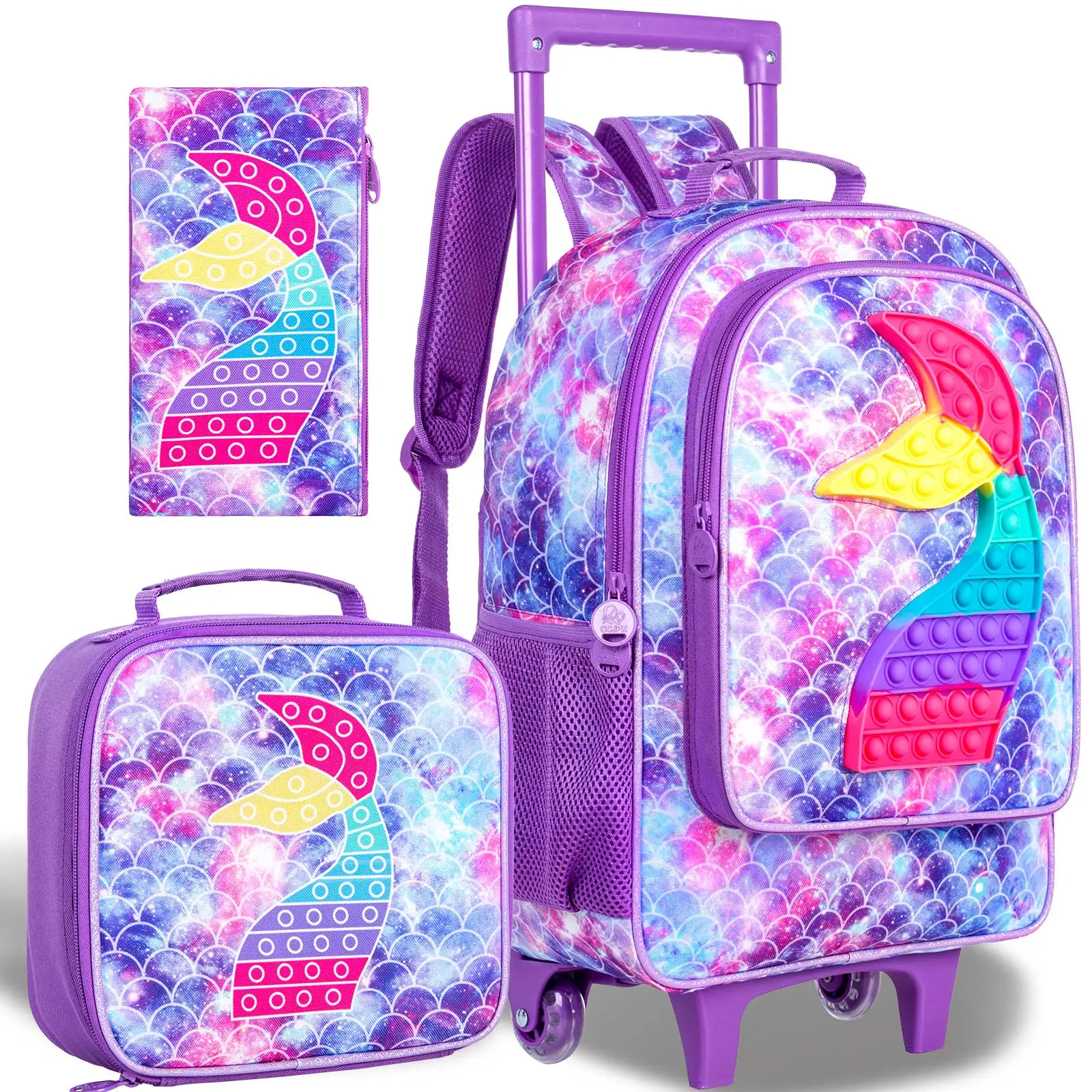 

4PCS Rolling Backpack for Girls,Kids Unicorn Backpacks with Roller Wheels, Wheeled Bookbag with Lunch Box for Toddler Elementary