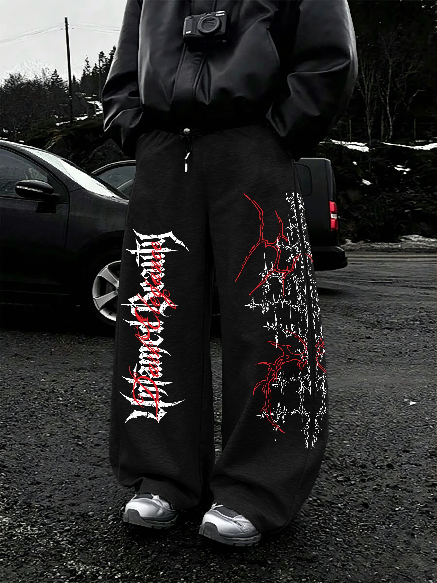 Streetwear Brand Font - Calças Masculinas Oversized de Streetwear Gótico