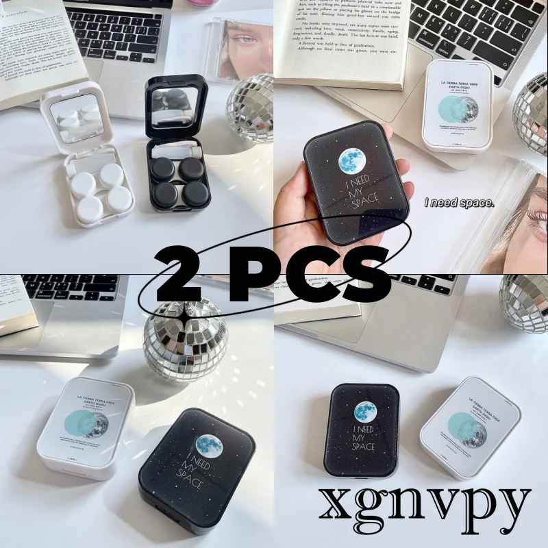 Xgnvpy 2pcs Black and White Galaxy Moon Future Sense with Mirror Large Capacity Contact Lens Companion Case