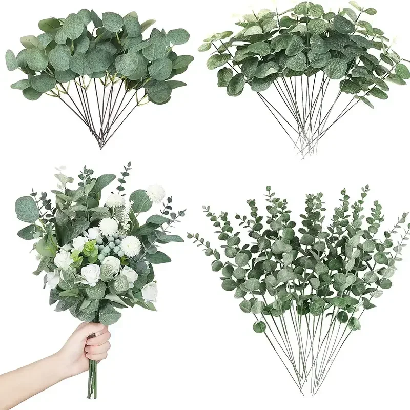 30/60pcs 3 Kinds Artificial Eucalyptus Stems Leaves Branches Silk  Plant Bouquet For Vase Wedding  Flower Floral Arrangement