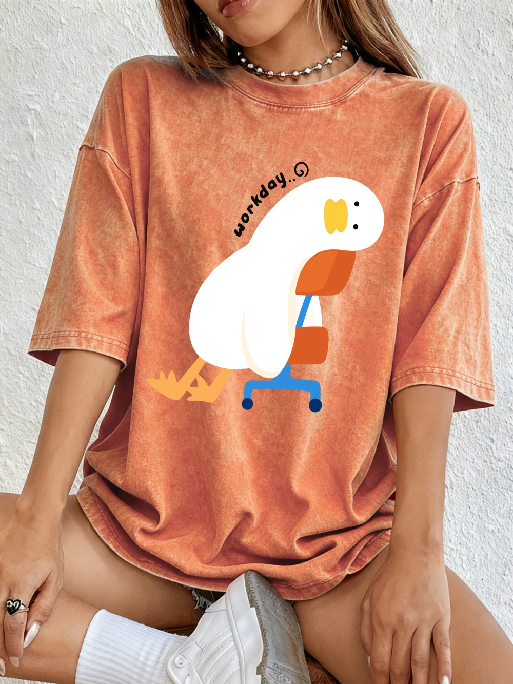 Funny Workday Lazy Duck Printed Washed T-Shirts Womens Cotton Oversized T Shirt Summer Short Sleeve Tops Street O-Neck Clothes