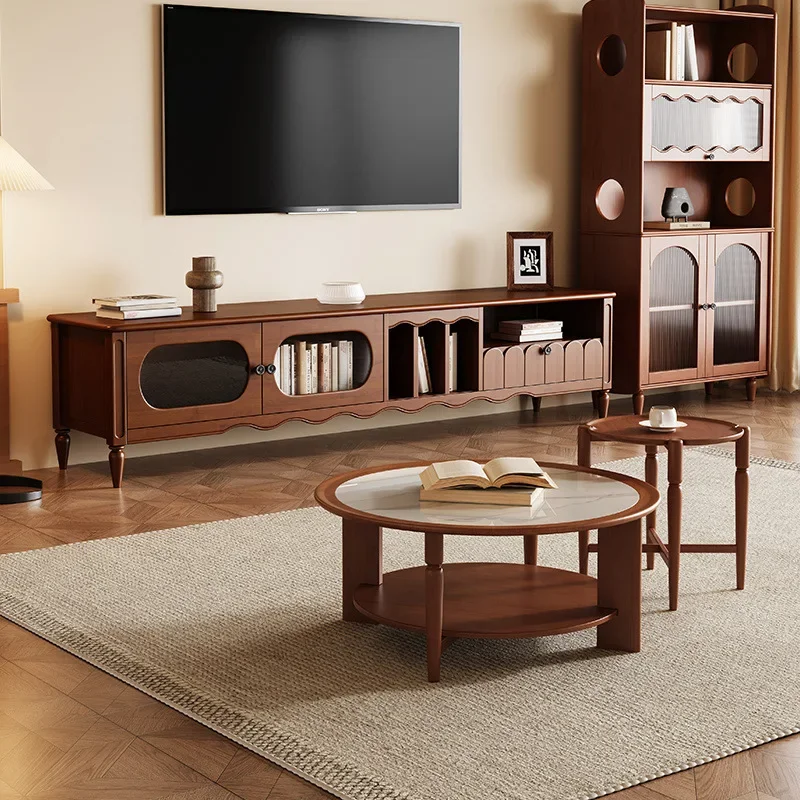 All solid wood coffee table TV cabinet, living room combination, advanced storage round coffee