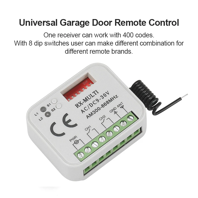 Universal Garage Door Remote Control Receiver 2 CH Controller Switch For 433 868 MHz Transmitter RX Multi Frequency 300-900MHz