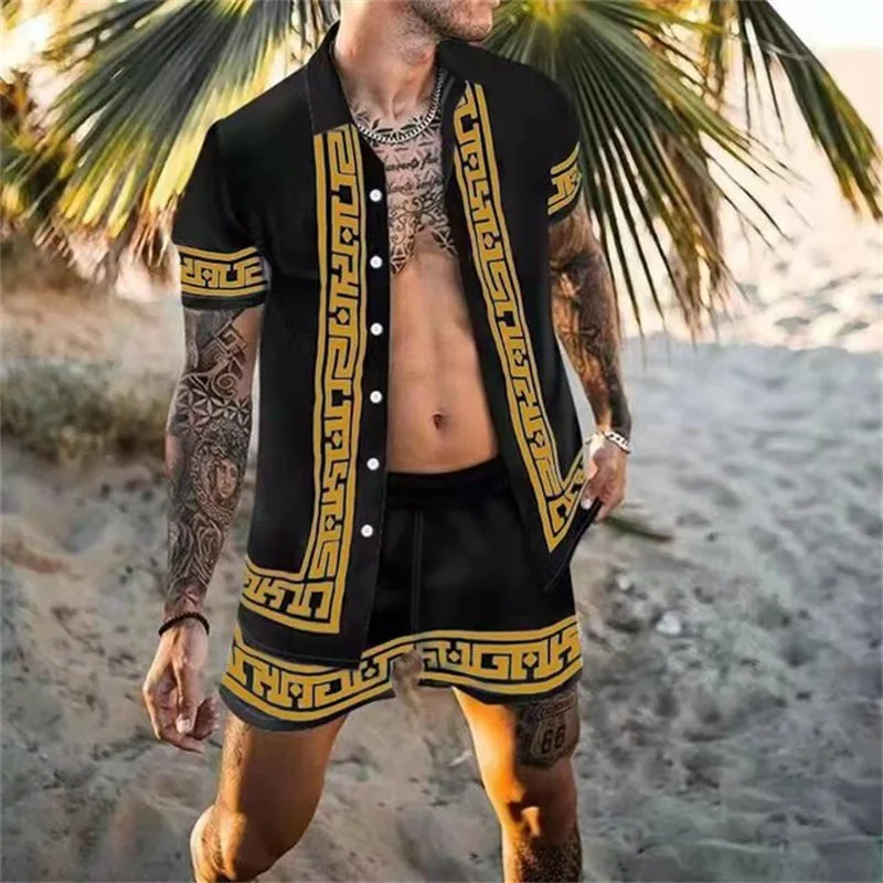 2023 Men\'s Sets Luxury Print Lapel Short Sleeve Casual Shirt Beach Shorts Oversized Summer Streetwear Vacation Hawaiian Suits