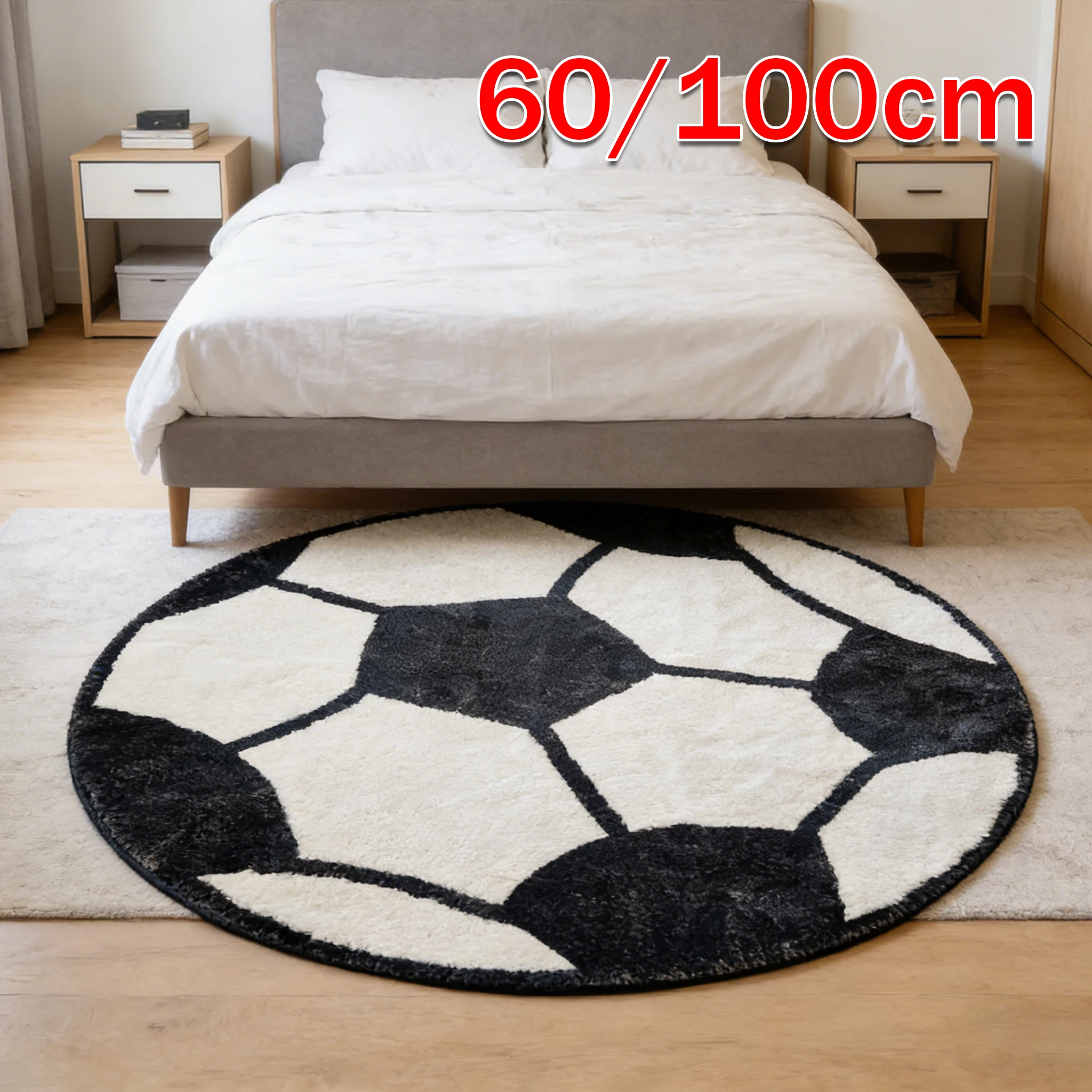 Non Slip Playroom Rug Black Soccer Soft Plush Round Rug Washable Nursery Bedroom Crawling Mat For Kids