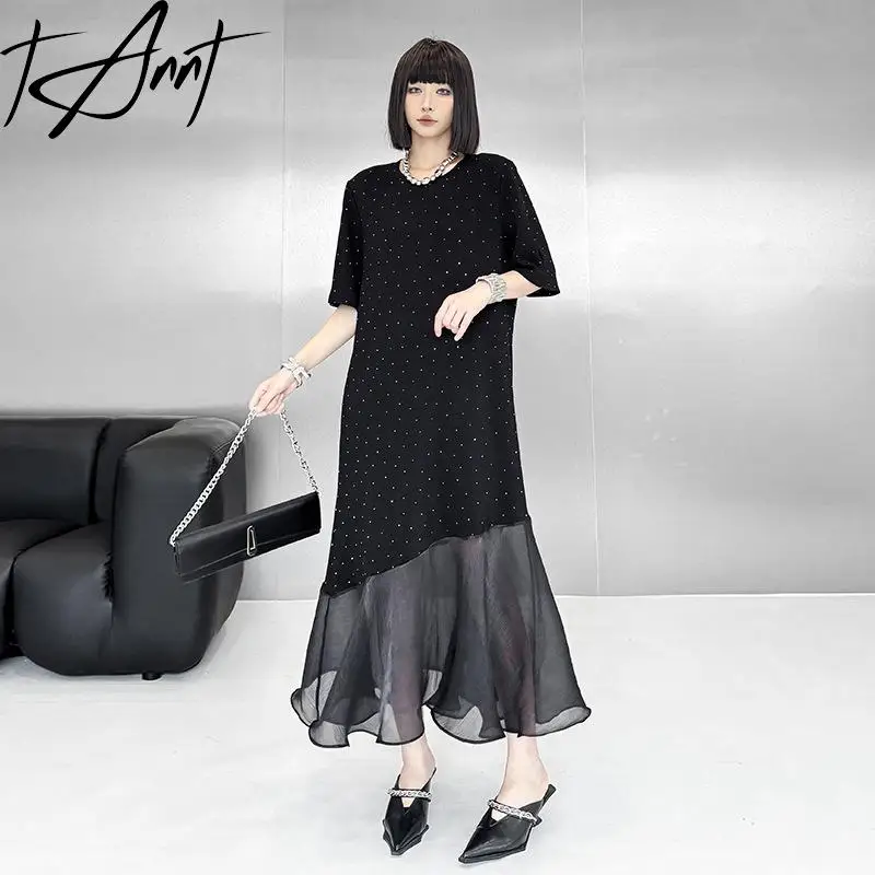 

Tannt Women Dress Irregular Patchwork Diamond Vintage Black Long Dresses Asymmetry Fashion Casual Summer Long Dresses 2025 New