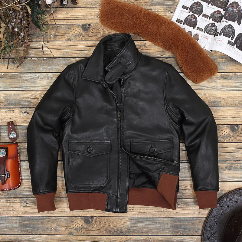 Tailor Brando Classic G1 Bomber Jacket Batik Goatskin Removable Fur Collar Genuine Leather Jacket