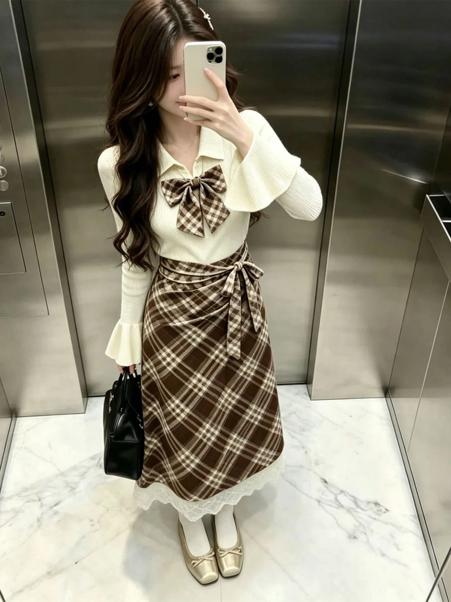 Korean Style Soft Plaid Knitted Lace Half-length  Collar Two-piece Set for Women Autumn Winter Fashion Ensemble