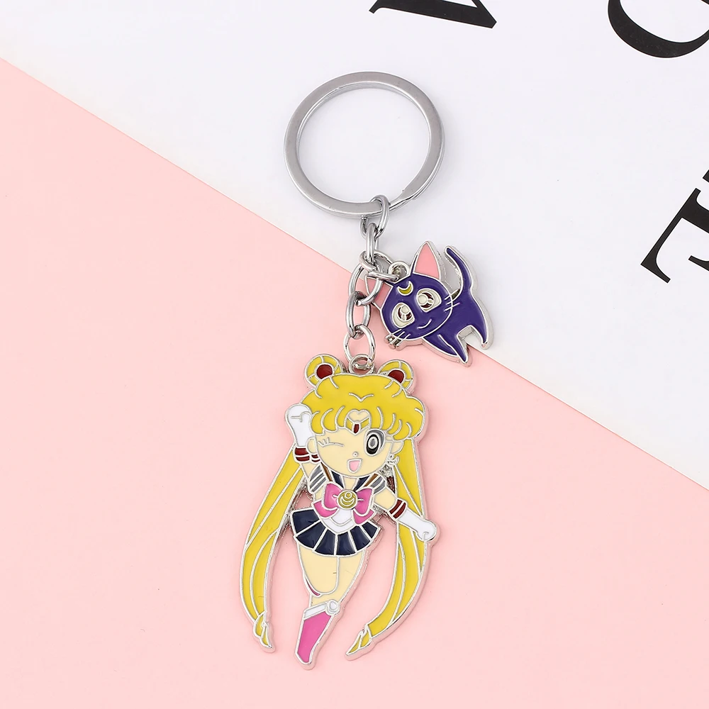 Kawaii Tsukino Usagi Pendant Keychain Cartoon Anime Sailor Moon Metal Enamel Keyring for Women Backpack Ornament Toy Gift