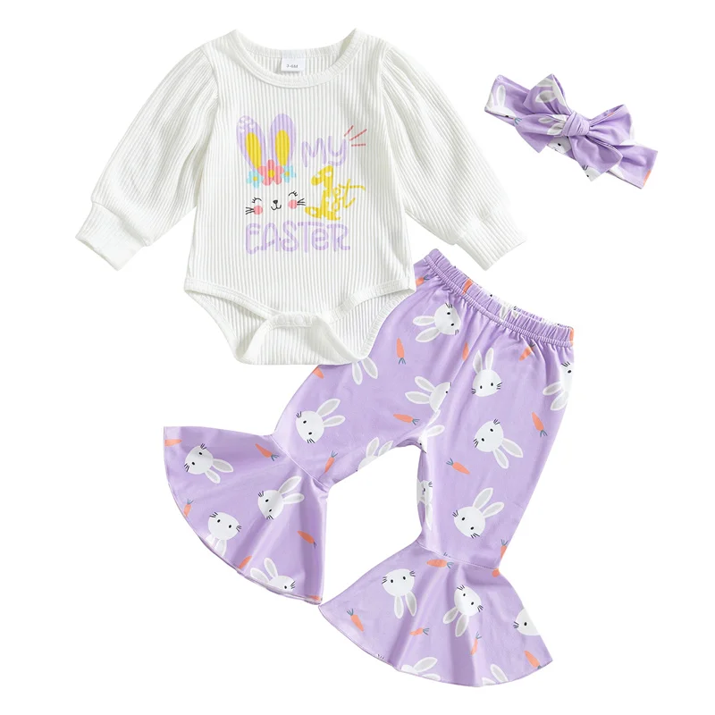 Cathery Kids Baby Meisjes Pasen Broek Sets Lange Mouw O Hals Romper Bunny Wortel/Konijntje Ei Print Broek met Hoofdband Sets 0-18M