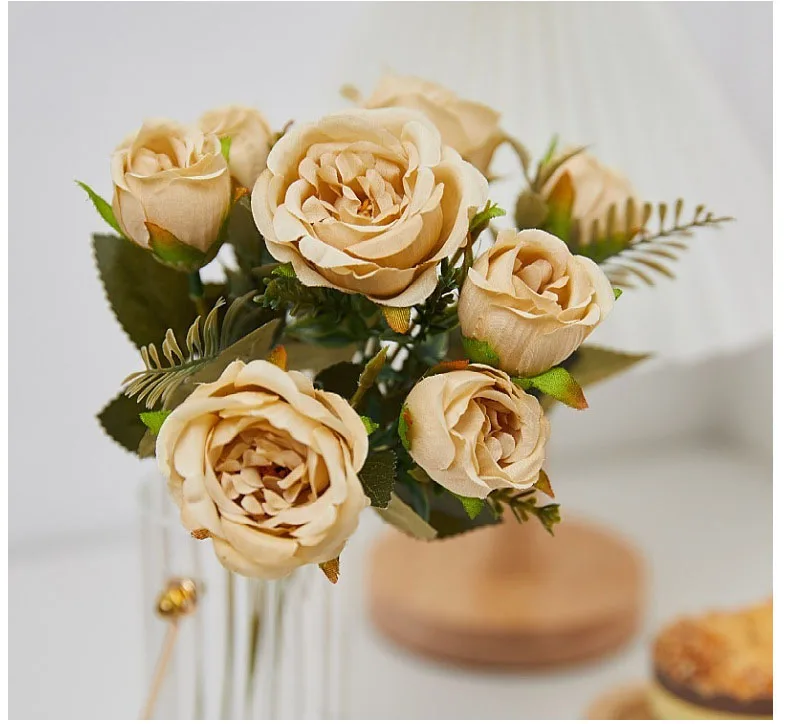 Vintage 8-Köpfige Künstliche Pfingstrosen & Grüne Rosen für Hochzeit, Schreibtisch, Raumdekoration, Party, DIY-Sträuße, Kunstblumen-Arrangements – Detail 7
