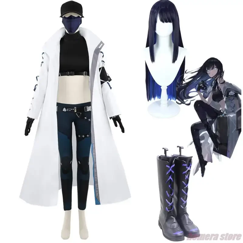 Anime Spiel blaue Ware Projekt MX Jomae Saori Cosplay Kostüm Perücke lange Trenchcoat Stiefel Frau sexy Halloween Karneval Anzug