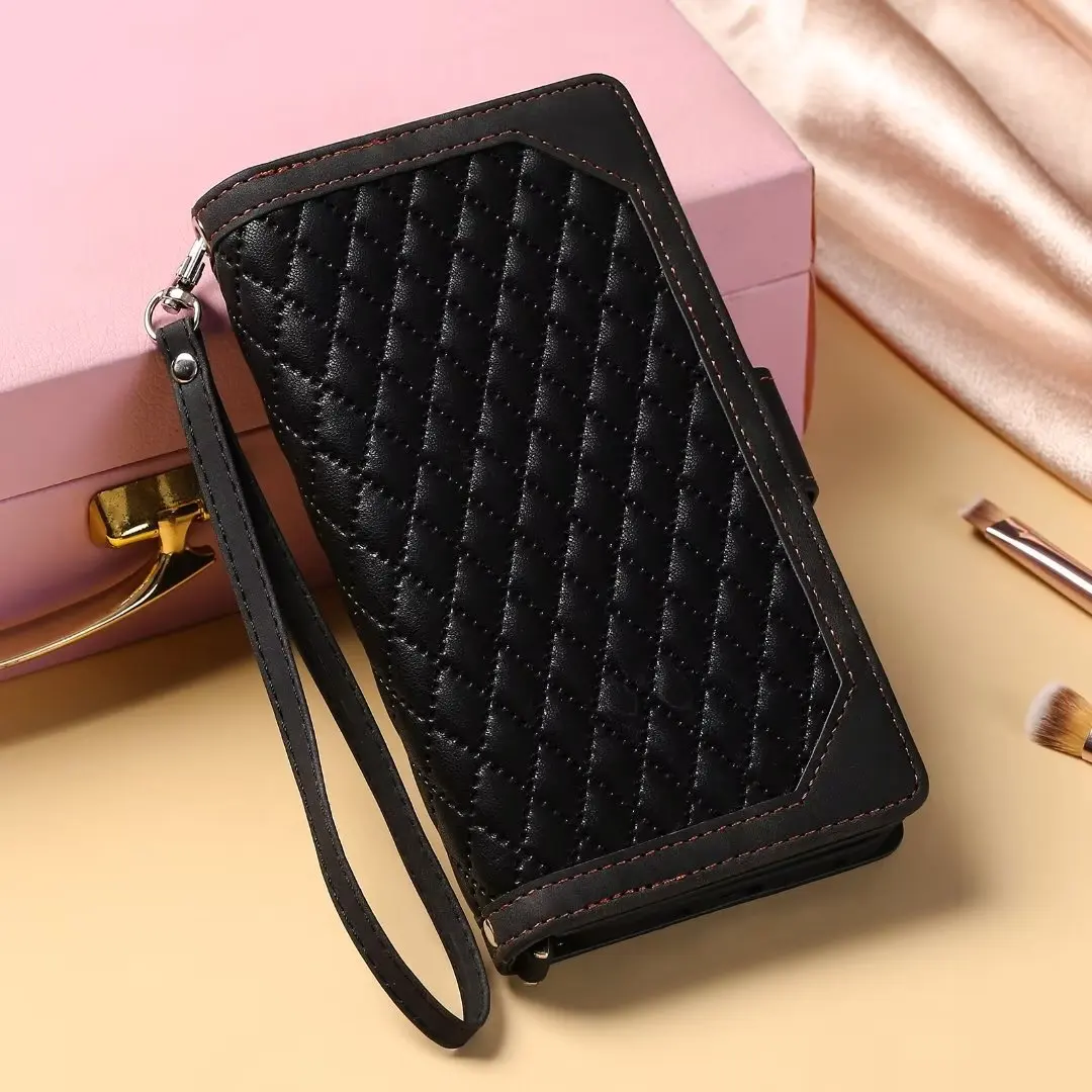 Fashion Zipper Wallet Case For Xiaomi Poco M3 Flip Cover Multi Card Slots Cover Phone Case Card Slot Folio with Wrist Strap