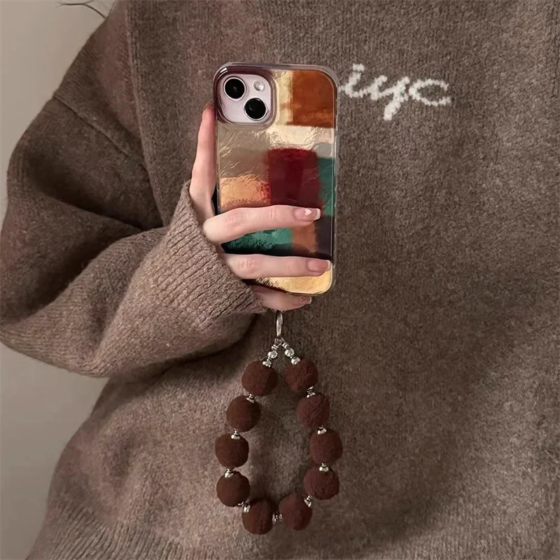 Retro brown red color blocked phone case with fur ball phone chain For iPhone 11 12 13 14 15 pro max