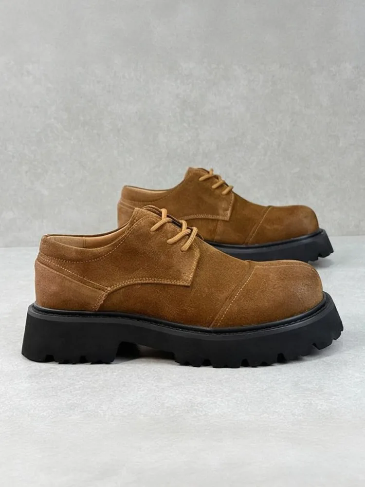 Vintage Mens Cow Suede Cargo Shoes Handmade Japanese Style Lace Up Round Toe Work Height Increase Platform Casual Derby Shoes