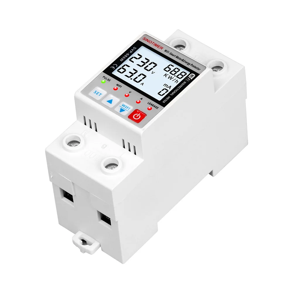 SVP-688W-B Tuya 63A WiFi الذكية تسرب الأرض أكثر من تحت الجهد حامي التتابع مقياس الطاقة كيلوواط ساعة التبديل الموقت التحكم عن بعد