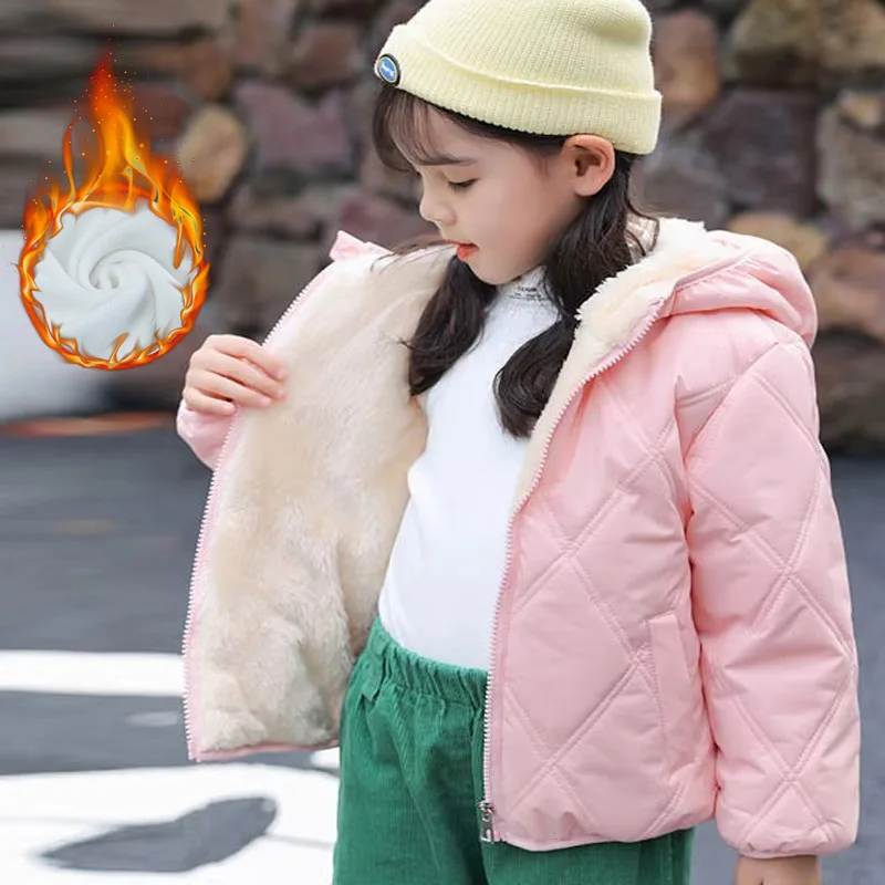 Kids Lambwool Outerwear Boys Girls Winter Thick Warm Down Coats Baby Fashion Casual Jackets Children Hooded Plus Velvet Clothing