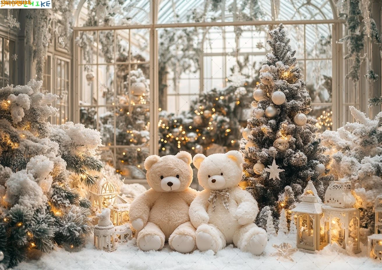 

Winter Cute Teddy Bears Theme Photography Background Indoor Warm Sunshine Window Snowflake Christmas Tree Decor Children Gift