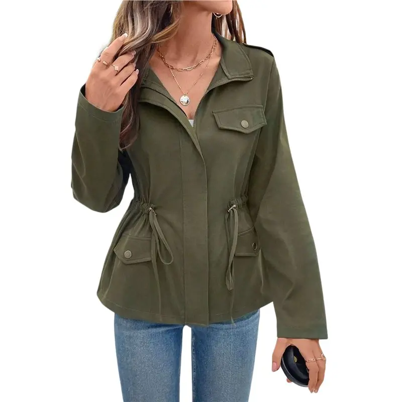 

NEW-Women's Lapel Epaulet Drawstring Waist Zip Long Sleeve Casual Jacket With Pockets