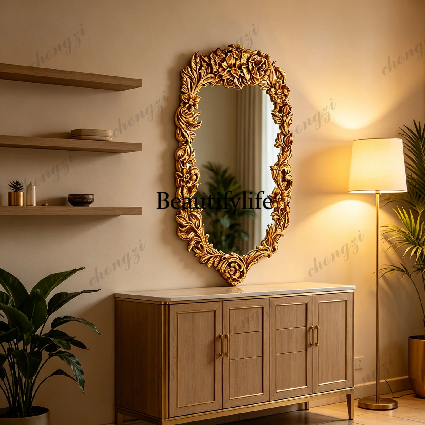 French retro makeup mirror wall-mounted American carved decorative mirror bathroom luxury bathroom mirror bedroom