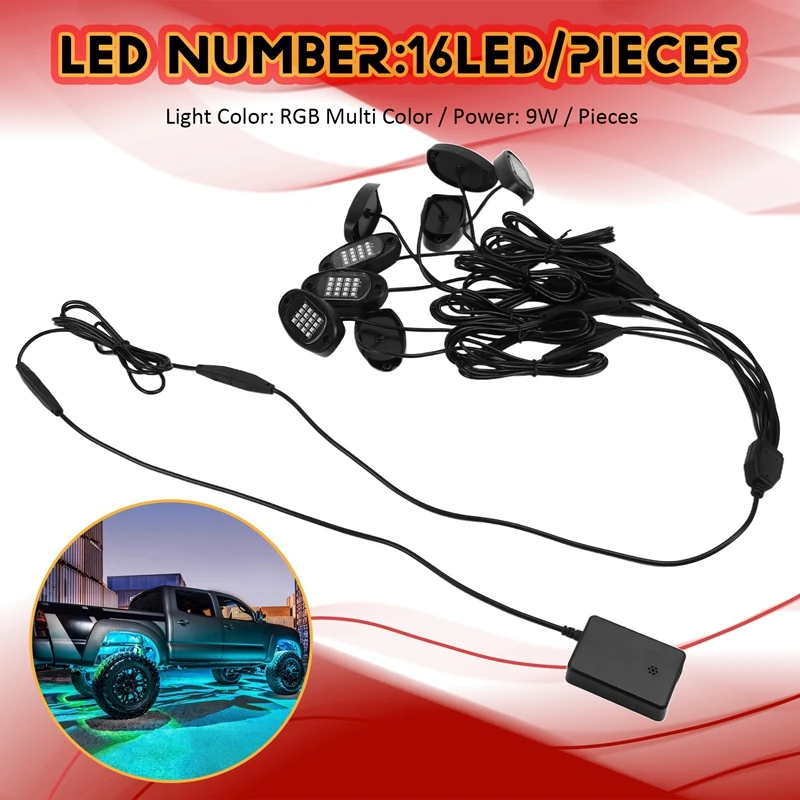 Car 8 Pods RGB LED Rock Lights Kit Underglow Multicolor Neon Light Pod With Bluetooth App Control For Truck ATV UTV SUV