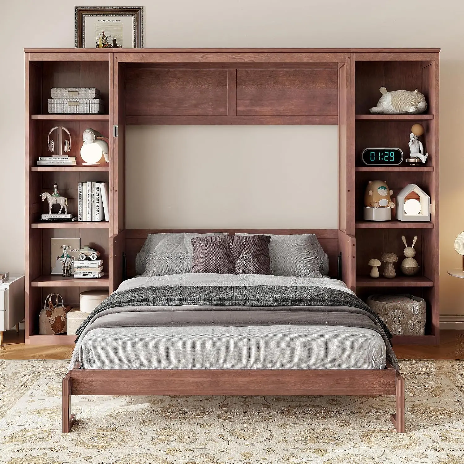 Murphy Bed Full Size,Space-Saving Hideaway Wall Bed with Desk and Bookshelf,Murphy Bed w/Slat Support,Bedroom Folding Bedframe