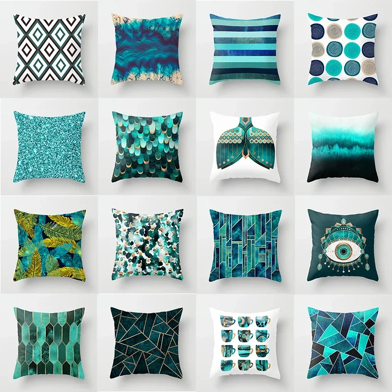 Flower Leaves Pattern Throw Pillow Case Teal Blue Cushion Covers for Home Sofa Chair Decorative Pillowcases