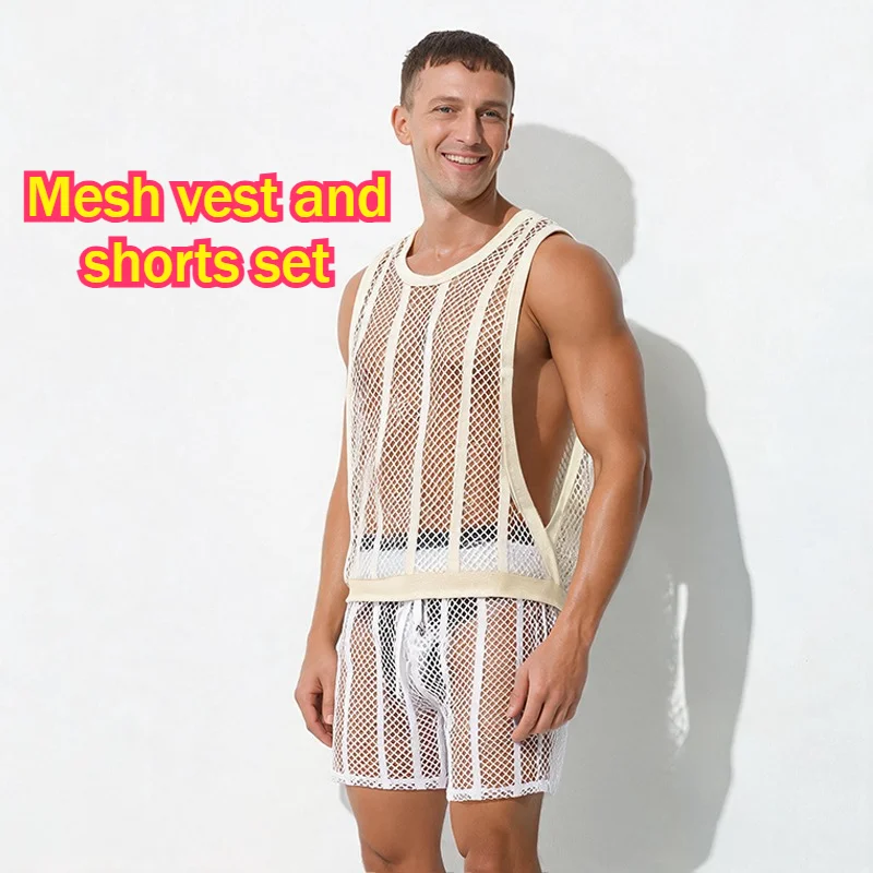 Men's Hollow Out Breathable Sexy Tank Tops Shorts Sets Net Shaped See Through Mesh Vest Boxers Male Nightbar Sheer Loungewear