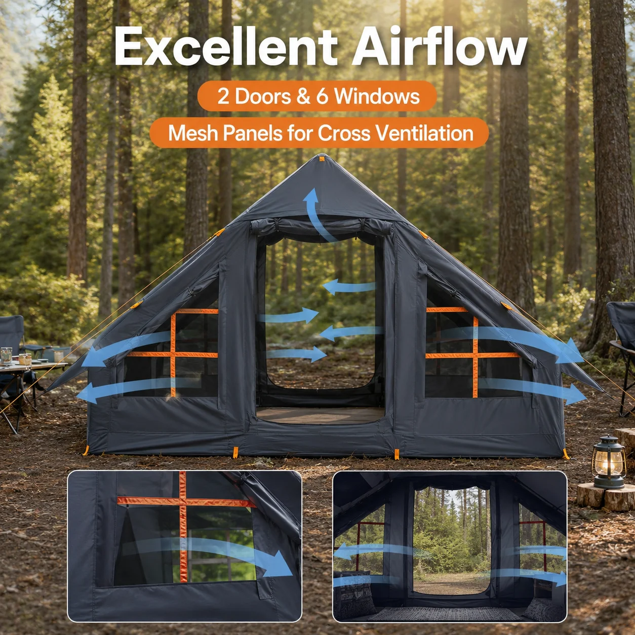Four-Season 2-6 Person Inflatable Cabin Tent Quick Automatic Opening 5-Min Setup Air Beam Waterproof Oxford Skylight
