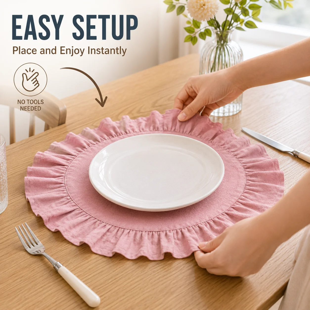 Round Cotton Placemats with Ruffle Edge Washable Table Mats Cloth Napkins for Dining Kitchen Wedding Party Home Decoration Use - view 4
