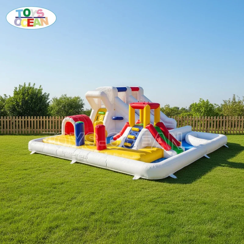Commercial  Colorful Inflatable Water Park Equipment with Slides, Climbing Walls, and Shallow Pool Areas.