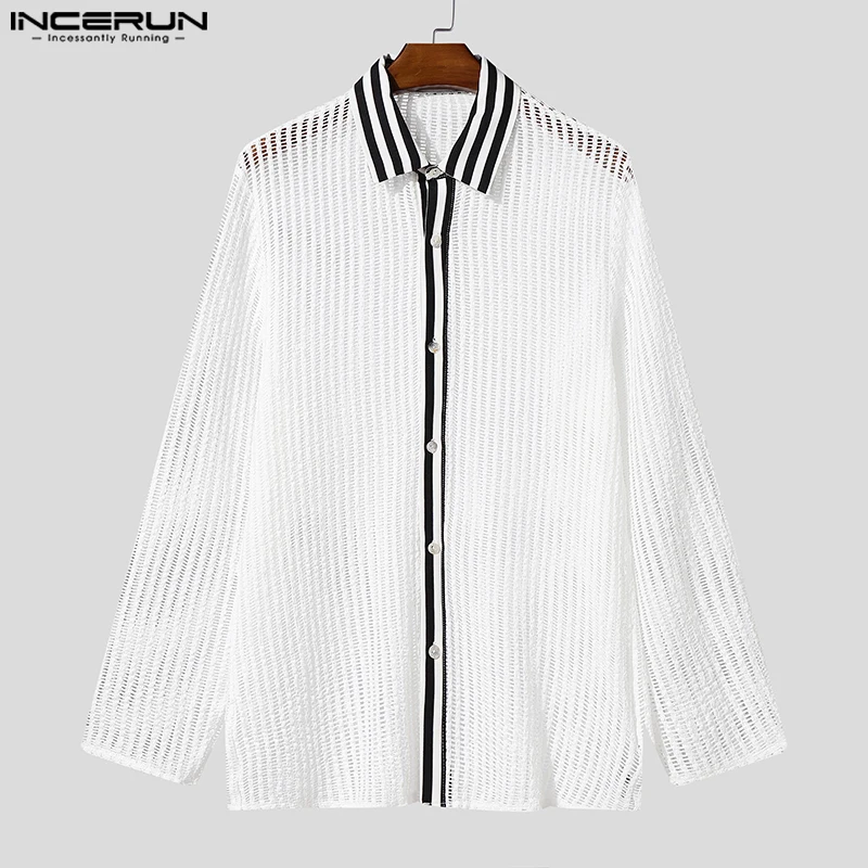 

INCERUN Men Shirt Patchwork Hollow Out See Through Lapel Long Sleeve Men Clothing Streetwear Loose Sexy Fashion Casual Camisas