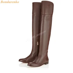 Flat With Leather Boots Over The Knee Solid Side Zipper Causal Women Shoes Winter Autumn Big Size Round Toe Long Boots Office