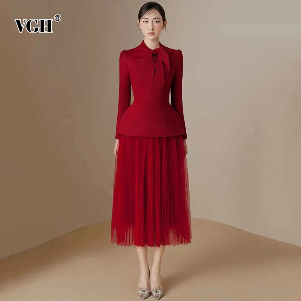 

VGH Vintage Solid Slimming Two Piece Sets For Women Round Neck Long Sleeve Top High Waist Folds Skirt Set Female Fashion Style