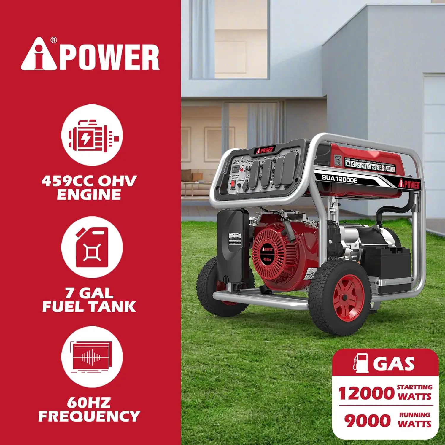 

A-iPower SUA10000EC 10000-Watt Portable Generator W/Electric Start CARB Complied, 10000 Rated Watt/8000 Running Watt, Red & Gary