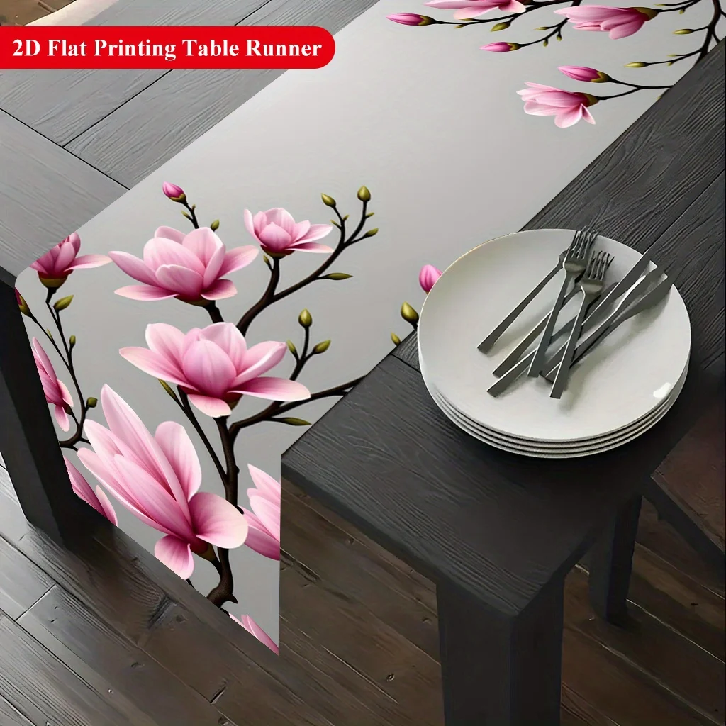 2D‑Printed Pink Magnolia Branch Table Runner, Home & Festival Dining Decor, Indoor‑Outdoor Party Table Ornament