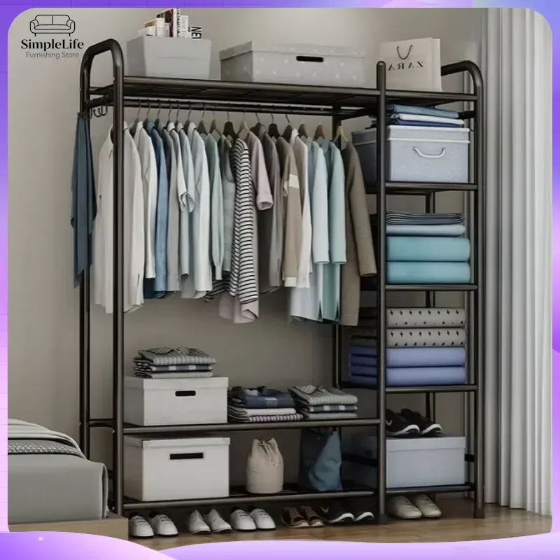 Modern Metal Coat Rack Standing Double Bar Hanger with Branches Multifunctional Clothes Organizer Entryway Hall Tree Storage