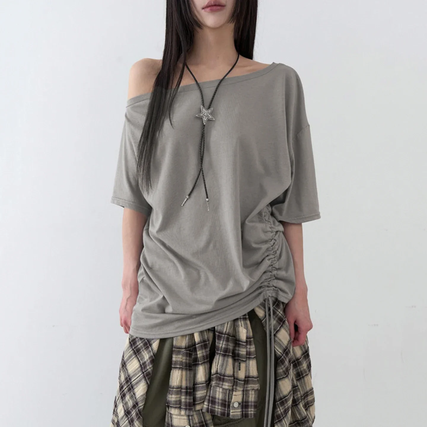 

Side Drawstring Loose Top Women's Summer Grunge Style Slash Neck Short Sleeve T-shirt Vintage Streetwear Punk Tees