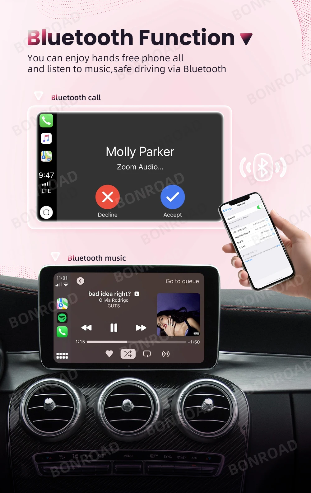 BONROAD Kabelloses CarPlay Android Auto Upgrade-Modul für Mercedes Benz C GLC W205 A CLA GLA B E GLE CLS NTG4.5 NTG 5.0 mit Airplay und Mirrorlink – Detail 9