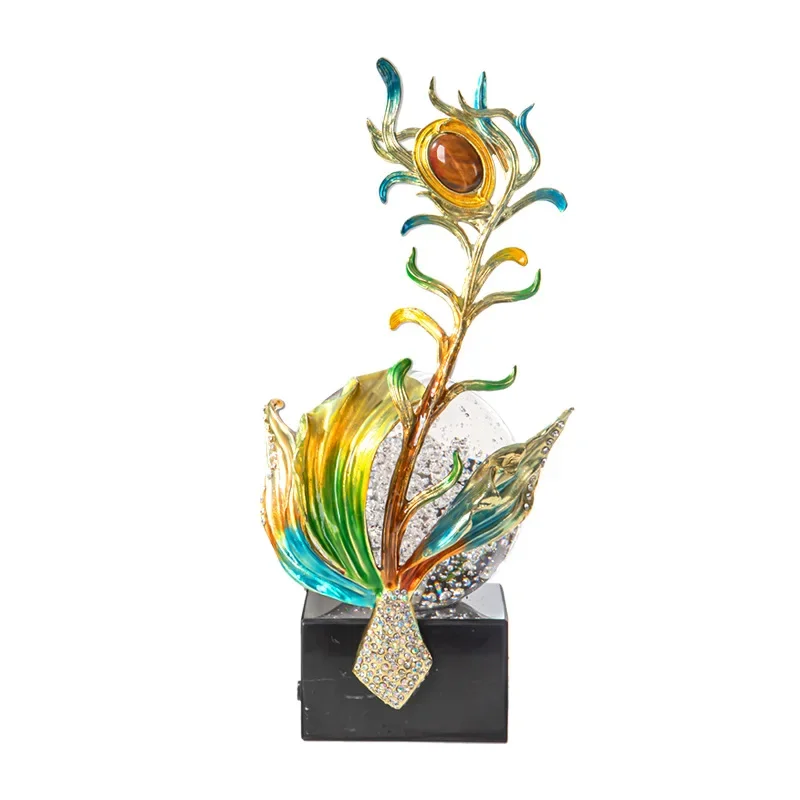Peacock feathers light luxury enamel ornaments, living room TV wine cabinet office opening home decoration