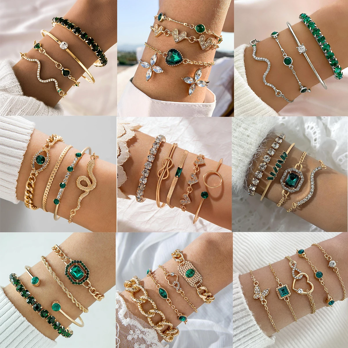 Harong 4PCS/5PCS Exquisite Butterfly Flower Snake Bracelet Popular Green Zircon Crystal Heart Hand Jewelry Gifts for Women