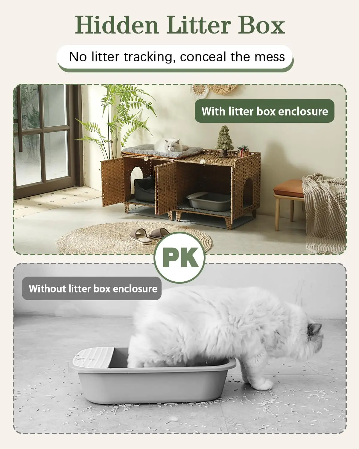 حاوية صندوق نفايات القطط لقططين، أثاث صندوق نفايات مزدوج مع حصيرة فضلات، بيت قطط كبير مخفي من الروطان مع مزدوج