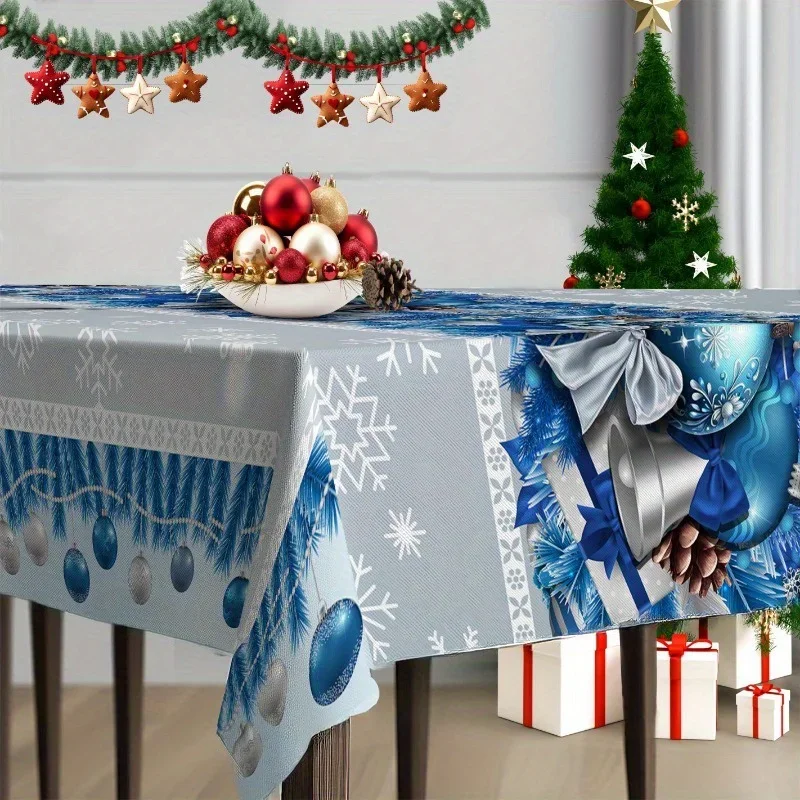 1pc Christmas tablecloth, featuring blue Christmas balloons, bells and bow patterns, with winter snowflakes design.zyc